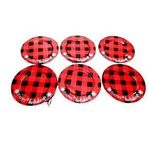 6 PIECE NEW 'Tis The Season Red & black buffalo Check Christmas Charger Plates